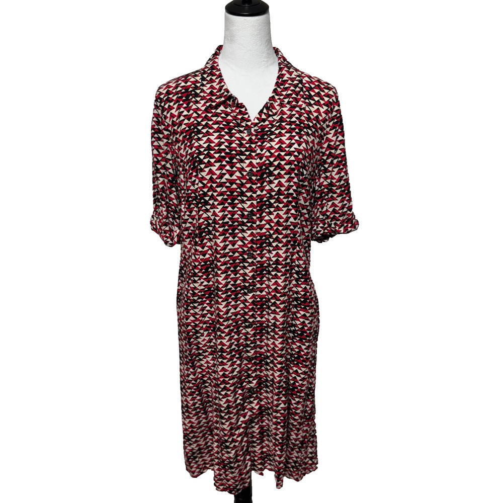 J. Jill Red Black Cream Geometric Midi Shirt Dress